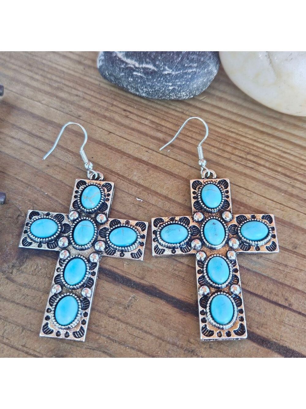 Western Boho Turquoise Cross Earrings - Picture 4 of 5